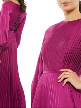 Pleated Long Sleeve Maxi Dress in Magenta